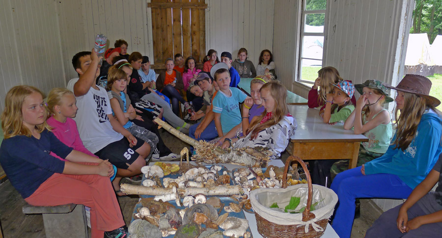 přednáška o houbách nejblíže lesu, v táborové jídelně
